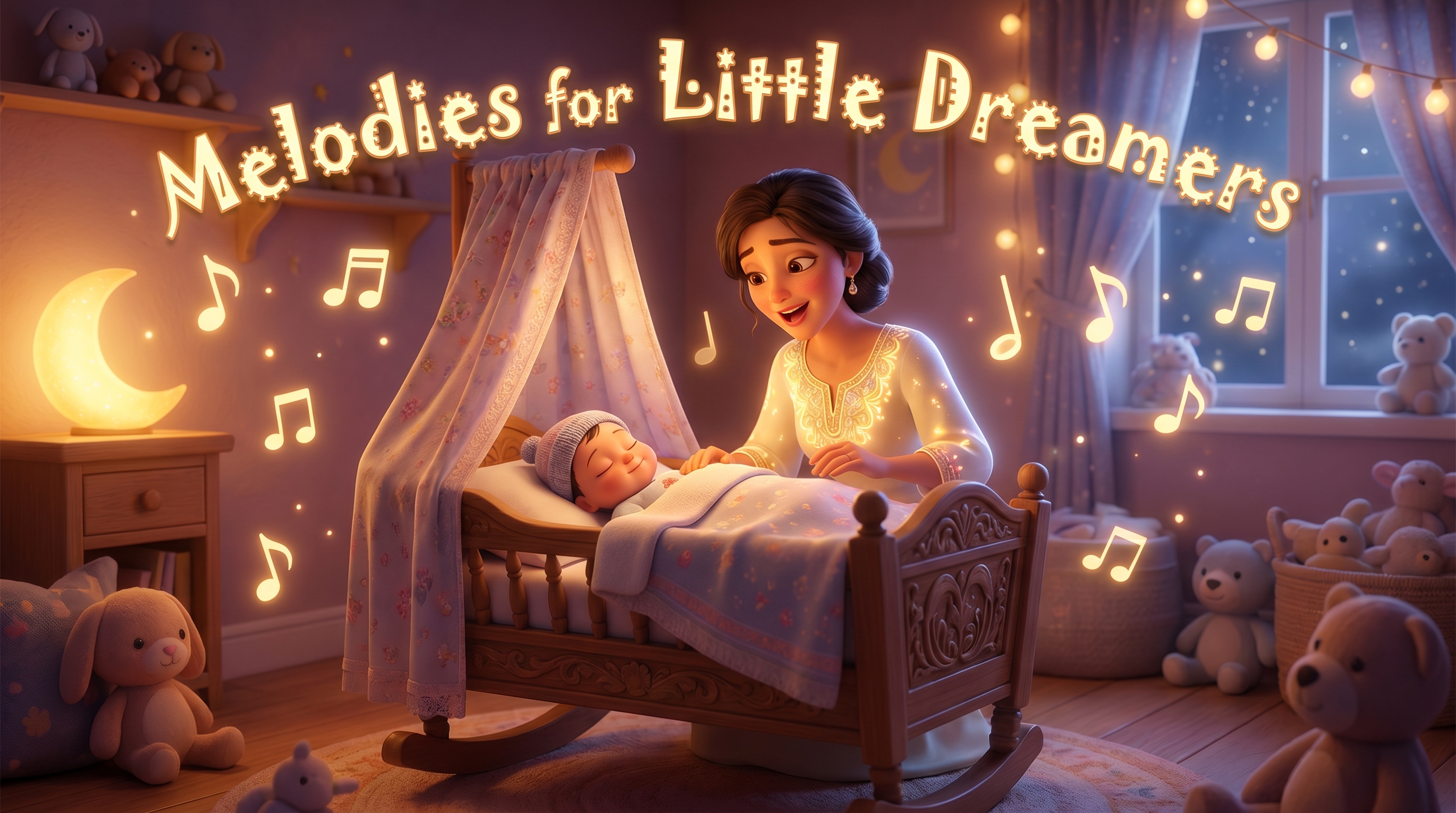 A mother softly singing a Hindi lori to her baby in a dimly lit nursery