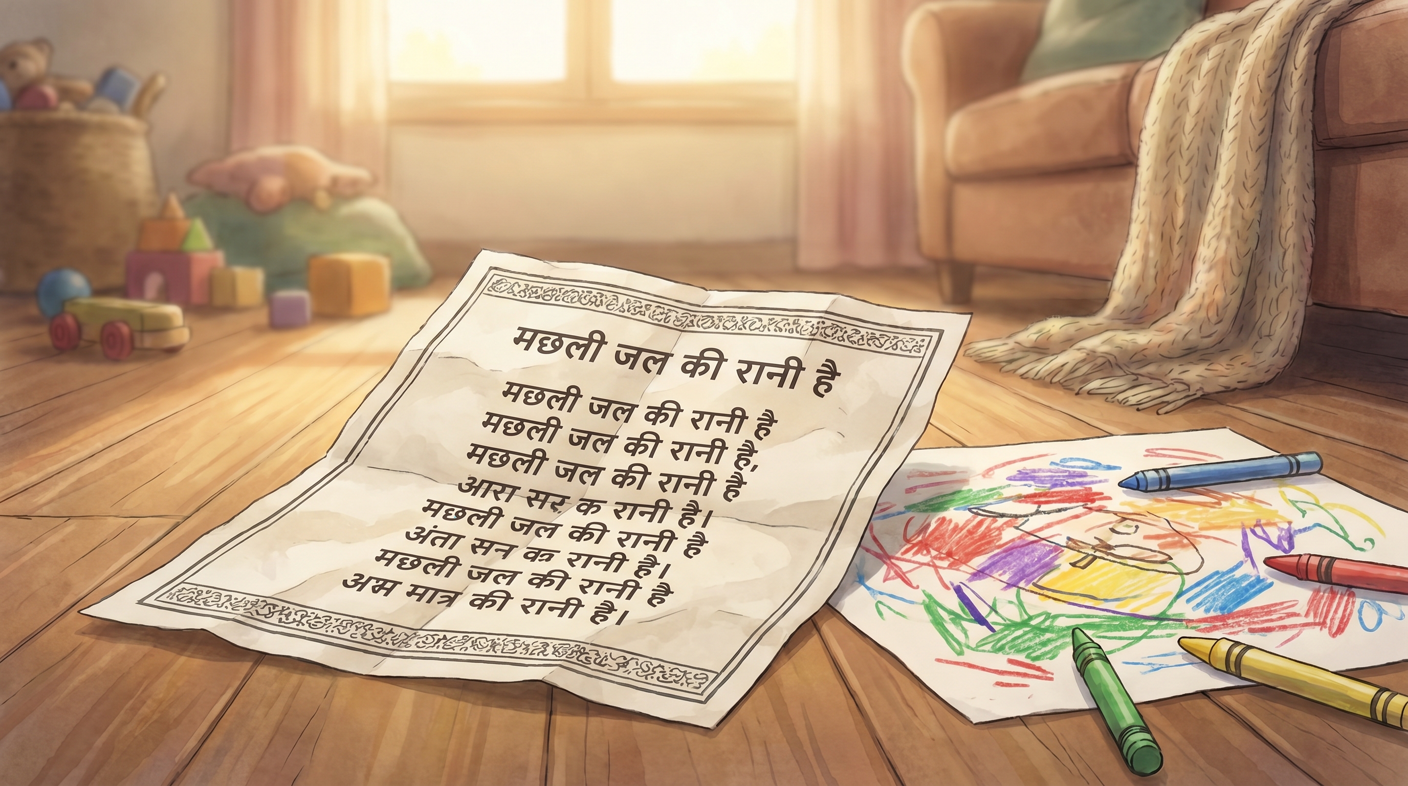 A printed Hindi nursery rhyme lyric sheet next to a toddler's drawing, ready to use at home