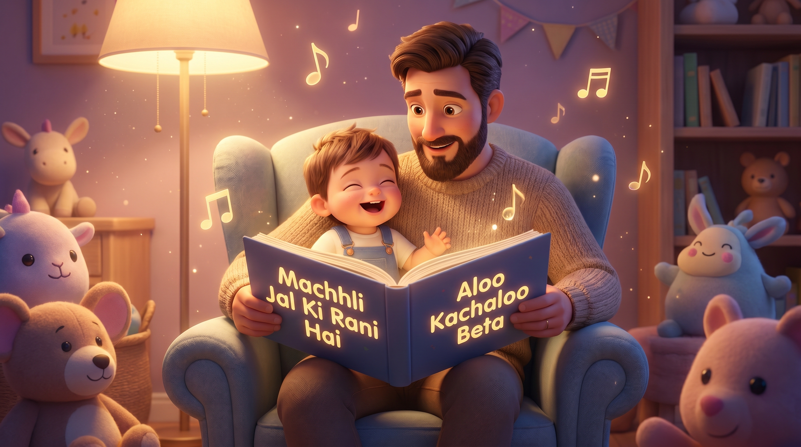 A parent and toddler reading Hindi nursery rhyme lyrics written in English (Hinglish) script together
