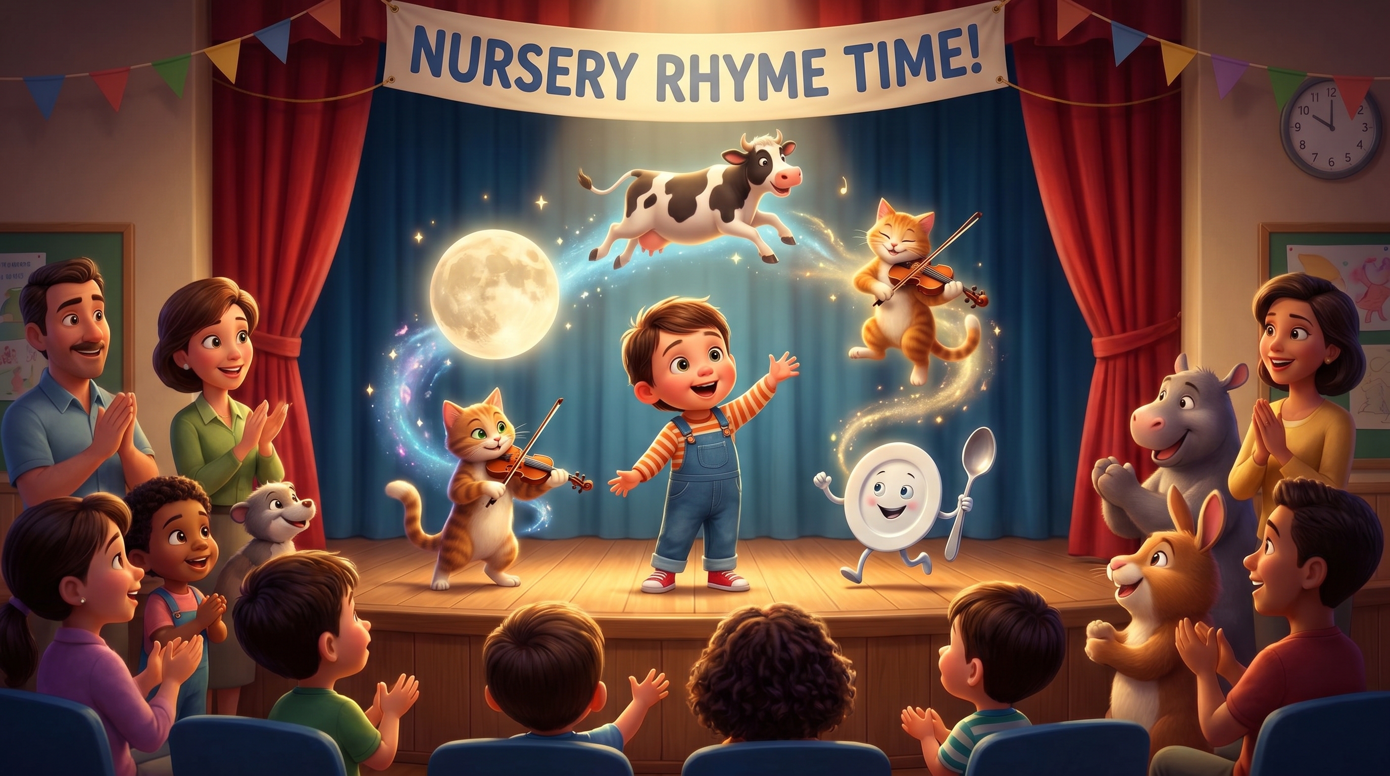 A young child confidently reciting a nursery rhyme on a school stage in front of an audience
