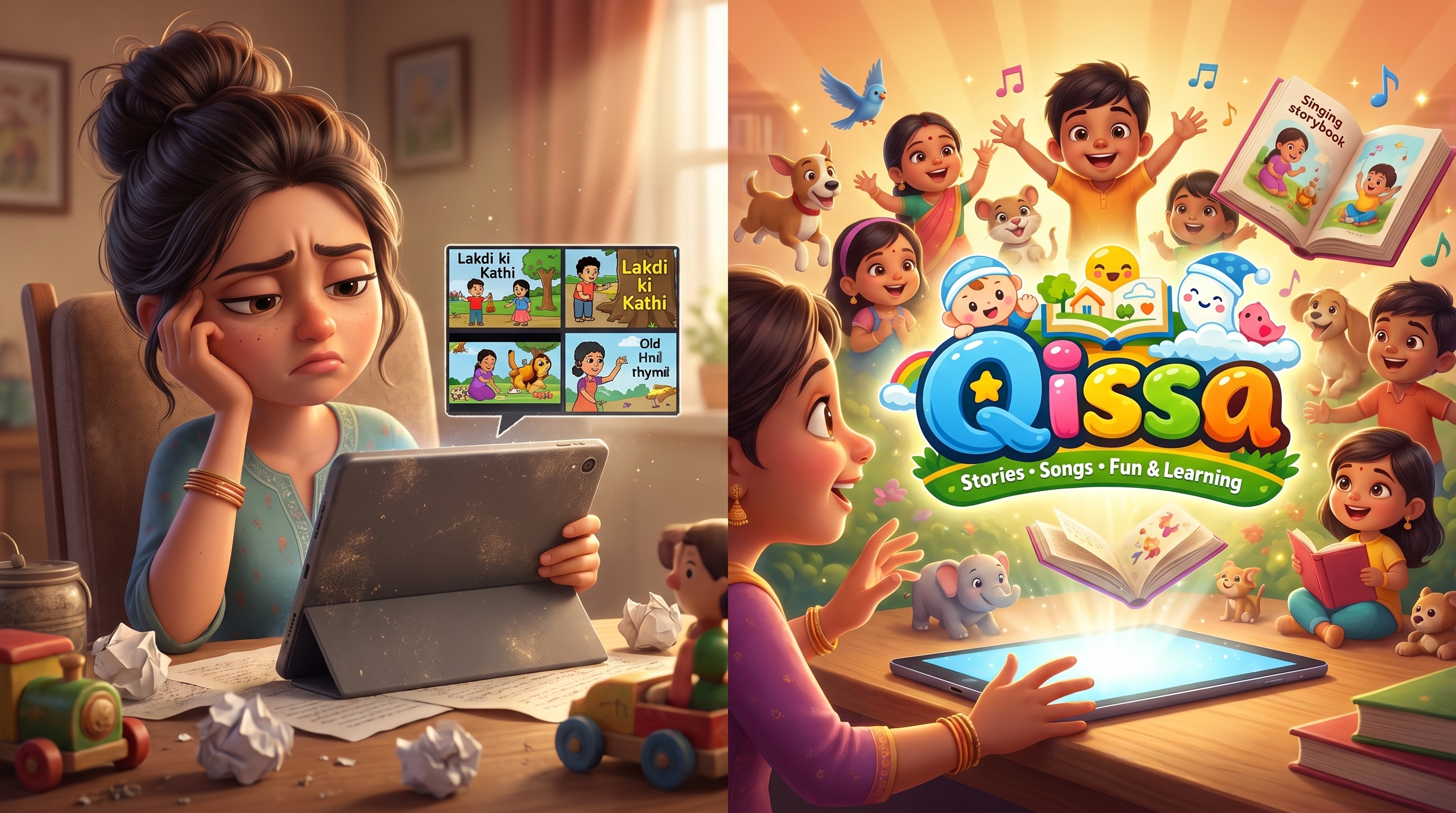 Vibrant, high-fidelity animated characters from original Qissa nursery rhymes — a bear, an elephant, a fish, and a cat