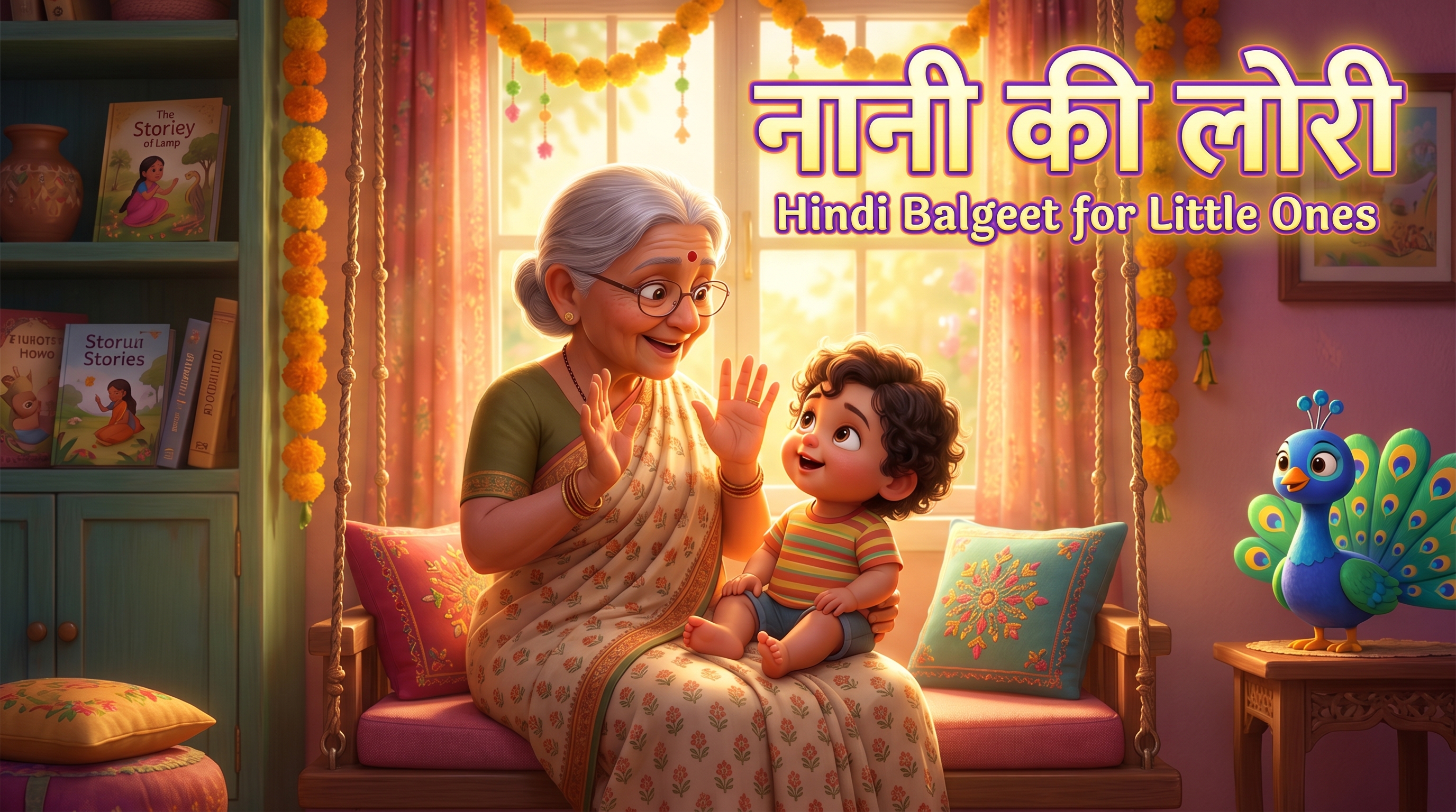 A grandmother singing a Hindi balgeet to a young child in a colourful Indian home